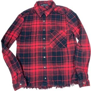 Derek Heart Red Tartan Plaid Soft Flannel BD Shirt Raw Fringe Edge Lumberjack